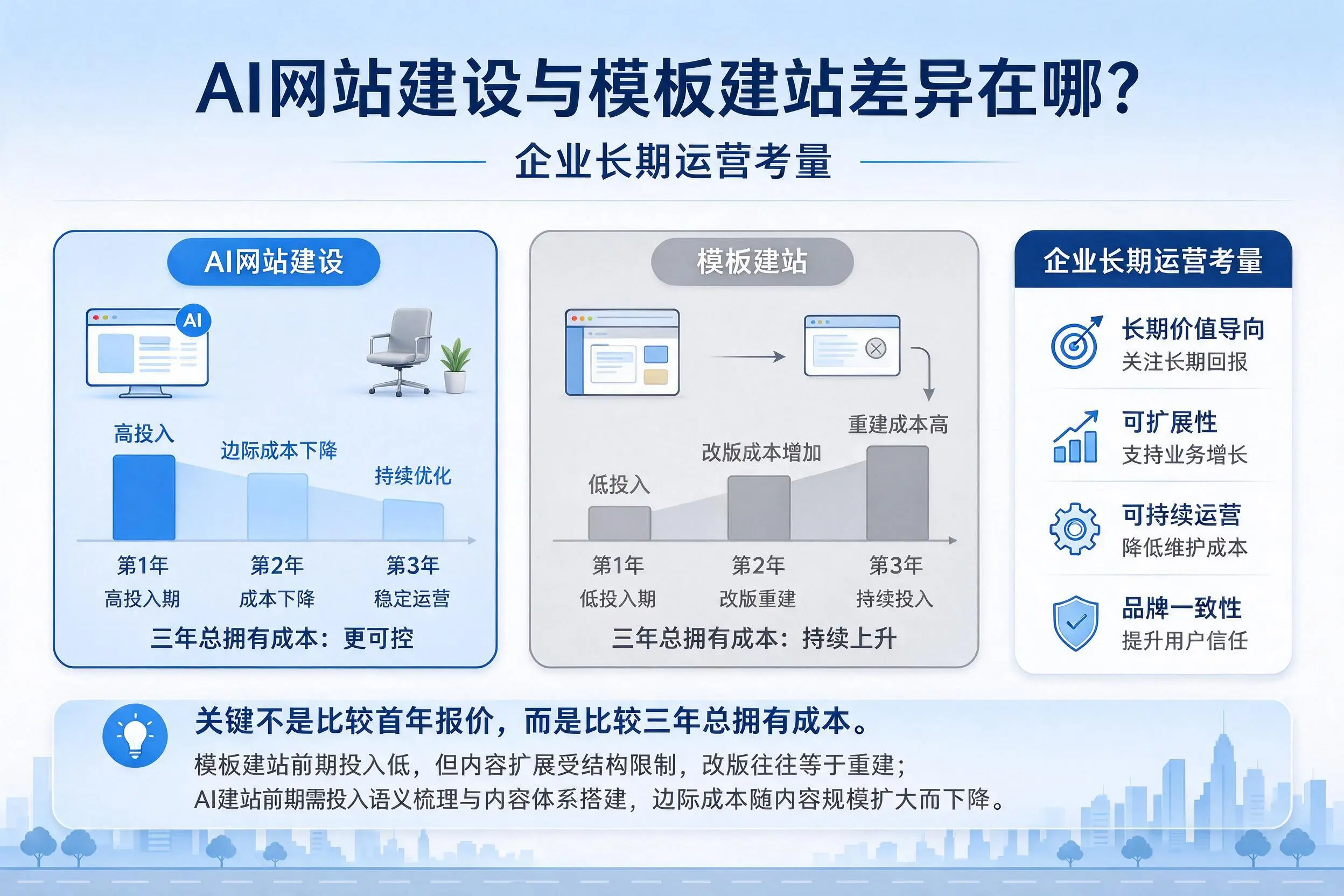AI网站建设与模板建站差异在哪？五指山企业长期运营考量